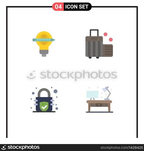 Set of 4 Modern UI Icons Symbols Signs for success, encryption, bulb, beach, security Editable Vector Design Elements