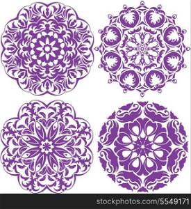 Set of 4 one color round ornaments, Lace floral patterns