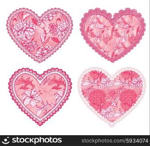 Set of 4 Pink fine lace hearts with floral pattern. Design elements for wedding or Valentines Day card