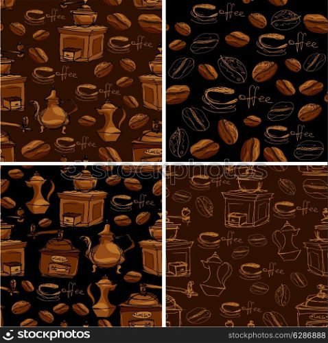 Set of 4 seamless patterns with handdrawn coffee cups, beans, grinder, coffee pot, calligraphic text COFFEE. Background design for cafe or restaurant menu.