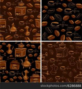 Set of 4 seamless patterns with handdrawn coffee cups, beans, grinder, coffee pot, calligraphic text COFFEE. Background design for cafe or restaurant menu.