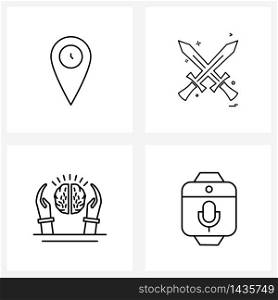 Set of 4 Simple Line Icons for Web and Print such as location, safe hands, swords, war, audio Vector Illustration