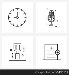Set of 4 Simple Line Icons for Web and Print such as time; food; minutes; microphone ; spatula Vector Illustration