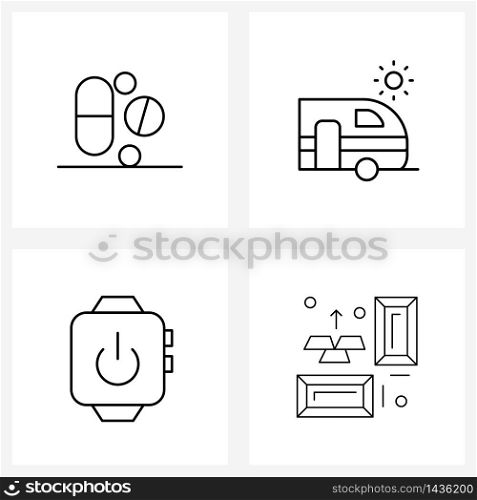 Set of 4 Simple Line Icons for Web and Print such as tablets; wrist watch; medical; vacation; gold bullion Vector Illustration