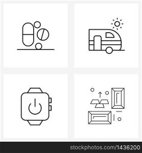 Set of 4 Simple Line Icons for Web and Print such as tablets; wrist watch; medical; vacation; gold bullion Vector Illustration