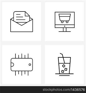 Set of 4 Simple Line Icons for Web and Print such as message; tech; ecommerce; ic; drink Vector Illustration