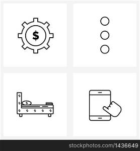 Set of 4 Simple Line Icons for Web and Print such as cog; beds; sprocket; menu button; bed Vector Illustration