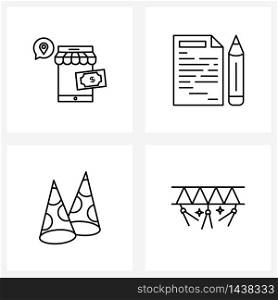 Set of 4 Simple Line Icons for Web and Print such as market, cap, money, pen, celebration Vector Illustration