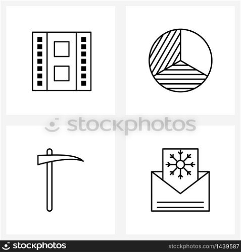 Set of 4 Simple Line Icons for Web and Print such as movies, weapons, pie chart, axe, Christmas Vector Illustration