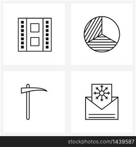 Set of 4 Simple Line Icons for Web and Print such as movies, weapons, pie chart, axe, Christmas Vector Illustration