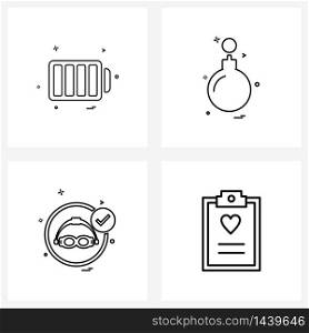 Set of 4 Simple Line Icons for Web and Print such as battery, swimming pool, charging, celebrations, games Vector Illustration