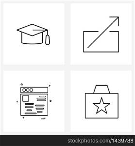 Set of 4 Simple Line Icons for Web and Print such as cap, websites, arrow, upload, baggage Vector Illustration
