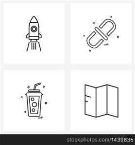 Set of 4 Simple Line Icons for Web and Print such as rocket, glass, link, drink, topographic Vector Illustration