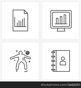 Set of 4 Simple Line Icons for Web and Print such as analytic, games, file, graph, football Vector Illustration