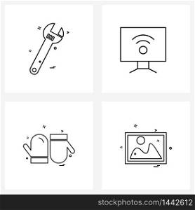 Set of 4 Simple Line Icons for Web and Print such as wrench, cloths , hardware, signal, winter Vector Illustration