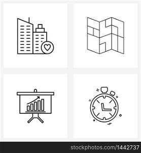 Set of 4 Simple Line Icons for Web and Print such as action, chart board, heart, map, presented Vector Illustration