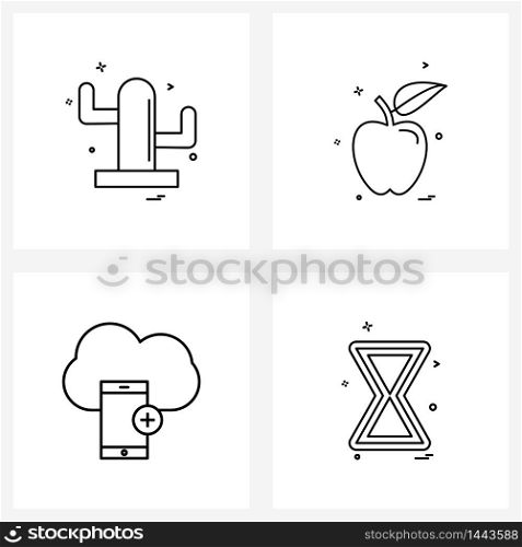 Set of 4 Simple Line Icons for Web and Print such as cactus, mobile, apple, fruits, waiting Vector Illustration