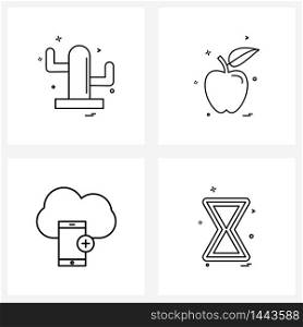 Set of 4 Simple Line Icons for Web and Print such as cactus, mobile, apple, fruits, waiting Vector Illustration