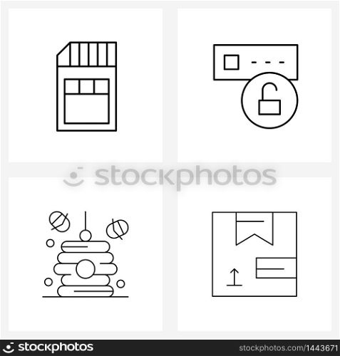 Set of 4 Simple Line Icons for Web and Print such as card, agriculture, technology, unlock, box Vector Illustration