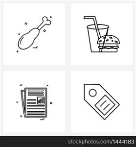 Set of 4 Simple Line Icons for Web and Print such as food, paper, chicken, food, text Vector Illustration