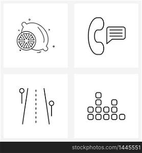 Set of 4 Simple Line Icons for Web and Print such as lemon, route, food, support, bar chart Vector Illustration