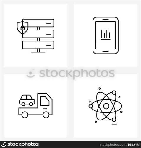 Set of 4 Simple Line Icons for Web and Print such as router, transport, smartphone, graph, nuclear Vector Illustration