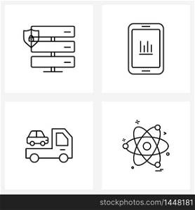 Set of 4 Simple Line Icons for Web and Print such as router, transport, smartphone, graph, nuclear Vector Illustration