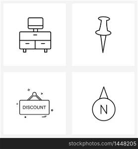 Set of 4 Simple Line Icons for Web and Print such as computer, sale card, furniture, stationary, location Vector Illustration