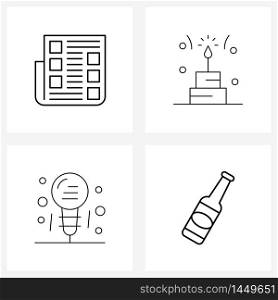 Set of 4 Simple Line Icons for Web and Print such as events, mic, newspaper, decoration, hotel Vector Illustration