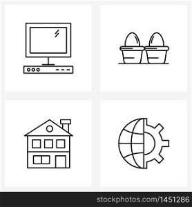 Set of 4 Simple Line Icons for Web and Print such as computer, house, cart, apartment, setting Vector Illustration
