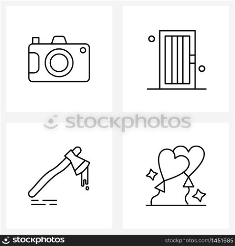 Set of 4 Simple Line Icons for Web and Print such as camera, scary, photography, prison, party Vector Illustration