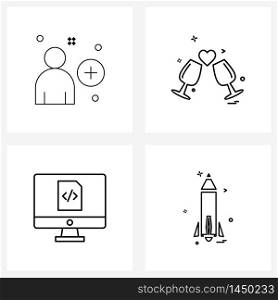 Set of 4 Simple Line Icons of add, code, glass, romance, rocket Vector Illustration