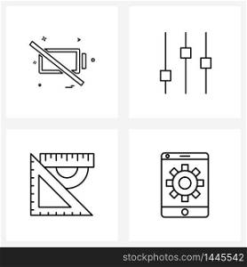 Set of 4 Simple Line Icons of battery, mobile setting, audio, ruler, setting Vector Illustration