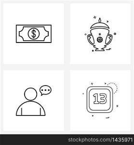 Set of 4 Simple Line Icons of bill; messages; money; football; avatar Vector Illustration