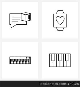 Set of 4 Simple Line Icons of box, piano, chat, hand watch, instrument Vector Illustration