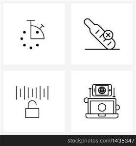 Set of 4 Simple Line Icons of clock; id; time; medical devices; unlock Vector Illustration