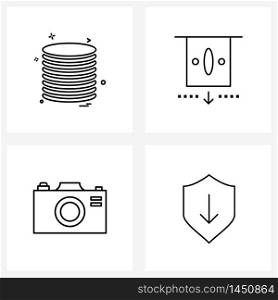 Set of 4 Simple Line Icons of coins, camera, coin, finance, dslr Vector Illustration