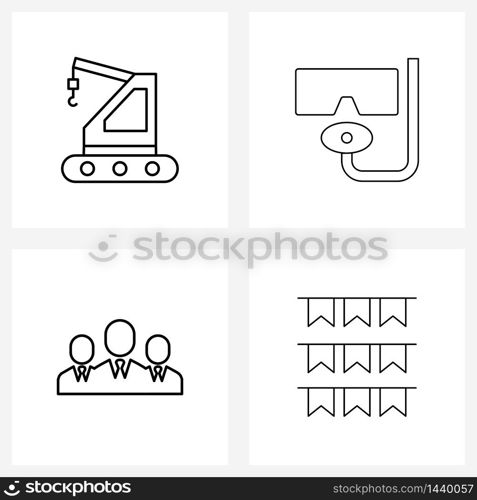 Set of 4 Simple Line Icons of crane, submarine, tools, diving, users Vector Illustration