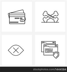 Set of 4 Simple Line Icons of credit card, scan, bones, skull, website protected Vector Illustration