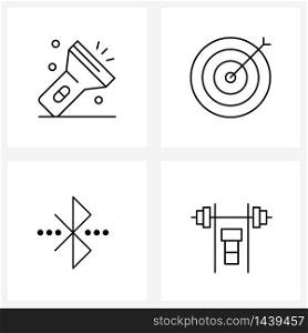 Set of 4 Simple Line Icons of flashlight, connection, aim, crosshair, barbell Vector Illustration