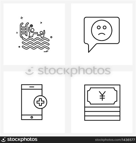 Set of 4 Simple Line Icons of games; hospital mobile app; swimming; chat; phone Vector Illustration