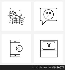 Set of 4 Simple Line Icons of games; hospital mobile app; swimming; chat; phone Vector Illustration
