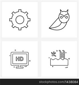 Set of 4 Simple Line Icons of gear; monitor; engineering; scary; sea side Vector Illustration
