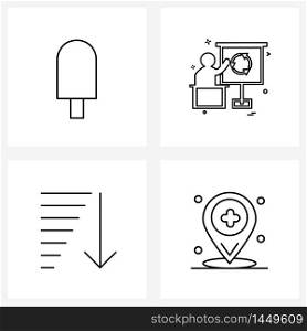 Set of 4 Simple Line Icons of ice cream, location, board, performance, map Vector Illustration