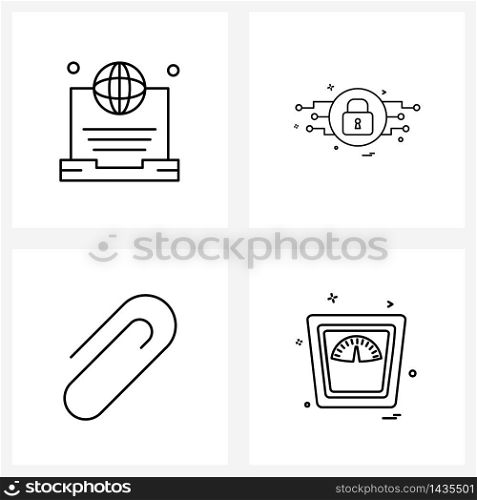 Set of 4 Simple Line Icons of internet; weight machine; lock; paper clip; weight Vector Illustration