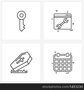 Set of 4 Simple Line Icons of key, scary, settings, wrench tool, calendar Vector Illustration