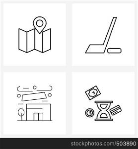 Set of 4 Simple Line Icons of map; wind; game; puck; wait Vector Illustration