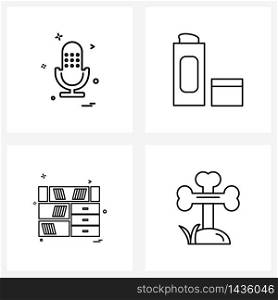 Set of 4 Simple Line Icons of microphone; books; audio; ladies; grave Vector Illustration