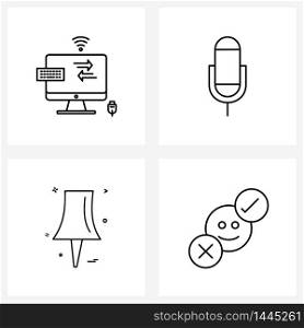 Set of 4 Simple Line Icons of monitor, pin, microphone, media, decision Vector Illustration