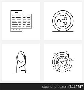 Set of 4 Simple Line Icons of online, finger print, communication, share, clock Vector Illustration